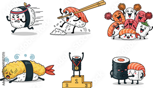 Cute sushi cartoon characters, funny Japanese food illustrations, kawaii sushi set, playful rice and fish, Japanese cuisine, food mascot, sushi art