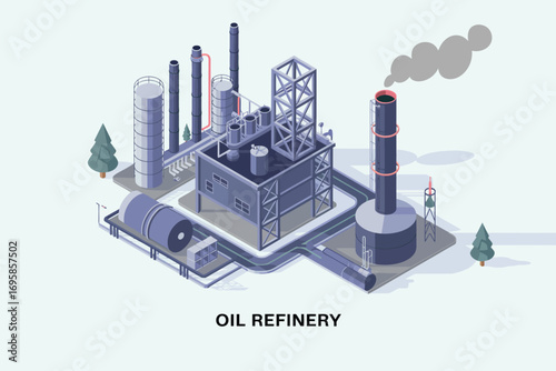 Modern industrial oil refinery complex with smokestacks and trees isometric view