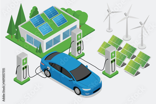 Electric car charging at a sustainable home with solar panels and wind turbines