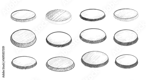A sketch of twelve circular objects with varying shading and perspective