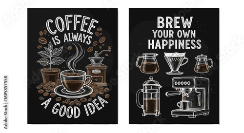 Two coffee themed posters with coffee making equipment and coffee beans