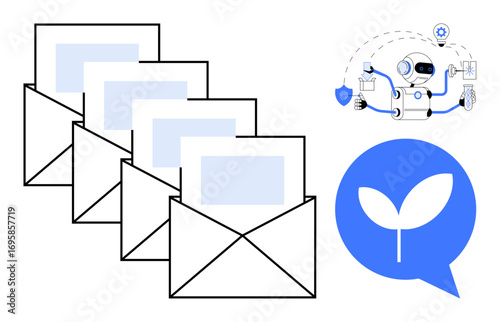 Stacks of emails represent communication, supported by a multitasking AI robot for efficiency and a green speech bubble highlighting sustainability. Ideal for automation, innovation, ecology