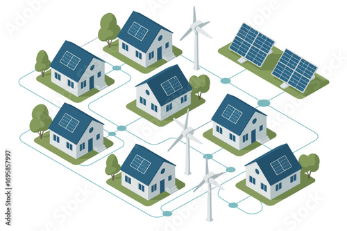 Modern eco friendly homes connected to renewable energy sources grid