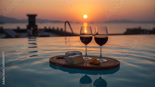 A serene and romantic escape featuring red wine and a cheese platter in an infinity pool against a stunning ocean sunset