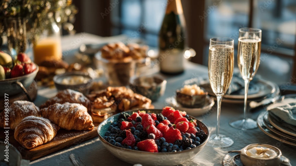 Naklejka premium A beautifully arranged breakfast table with fresh fruits, pastries, and sparkling drinks. The setting is warm and inviting, perfect for a celebration.