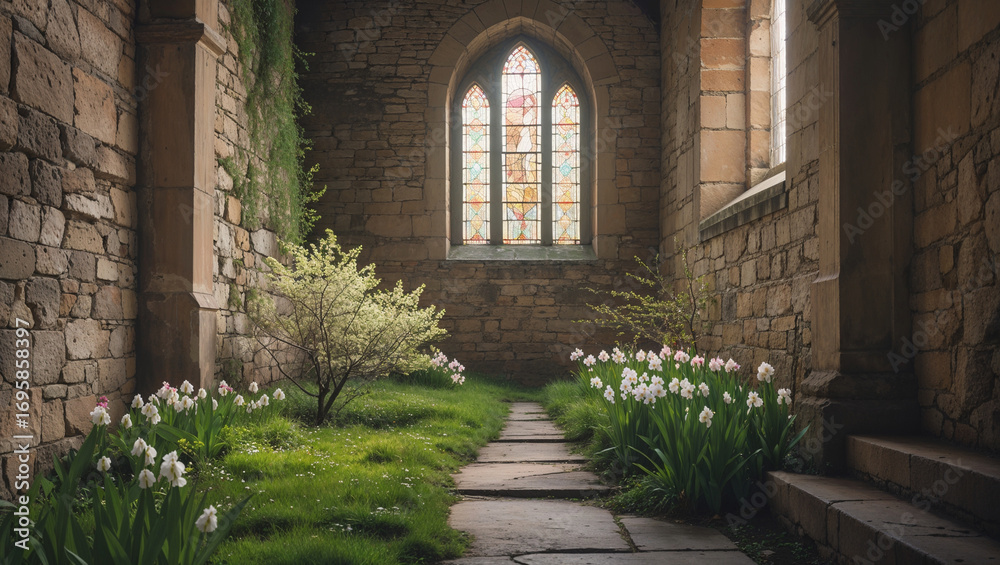 Fototapeta premium Interior of old church with stained glass and flowers