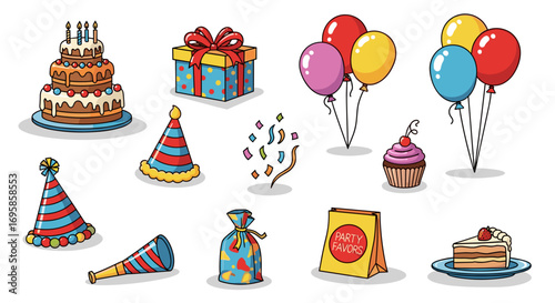 Illustration of birthday party elements including cake and balloons