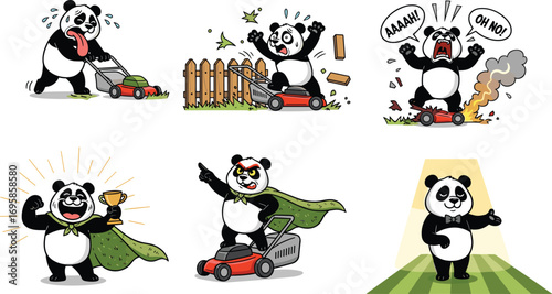 Funny cartoon panda mowing lawn, superhero panda, broken lawnmower, garden work, summer heat, yard disaster, trophy winner, comic scene