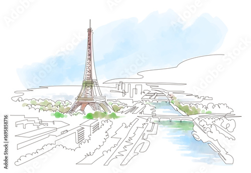 It is a single-stroke illustration of the Paris cityscape with the Eiffel Tower. Paris, France