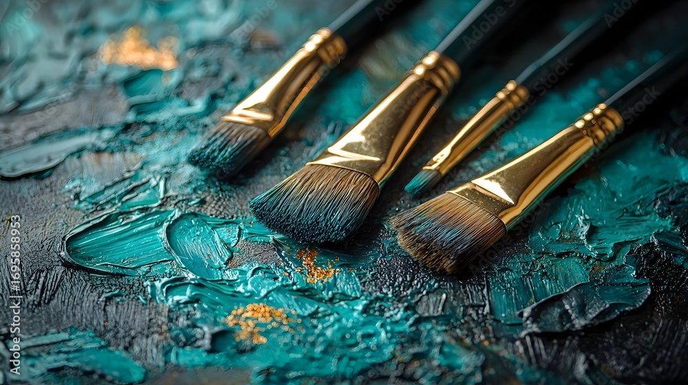 Obraz premium Close up of art brushes resting on a richly textured background of thick teal and gold paint