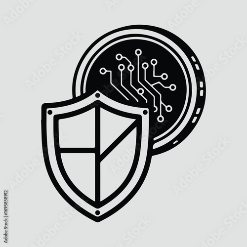 Silhouette cybersecurity shield with circuit board protection vector illustrator