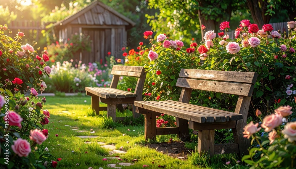Obraz premium A sun-drenched garden scene boasts a charming wooden bench nestled amongst vibrant rose bushes and colorful flowers.