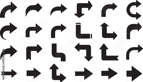 Diverse collection of black directional arrows and curving symbols for navigation and design vector