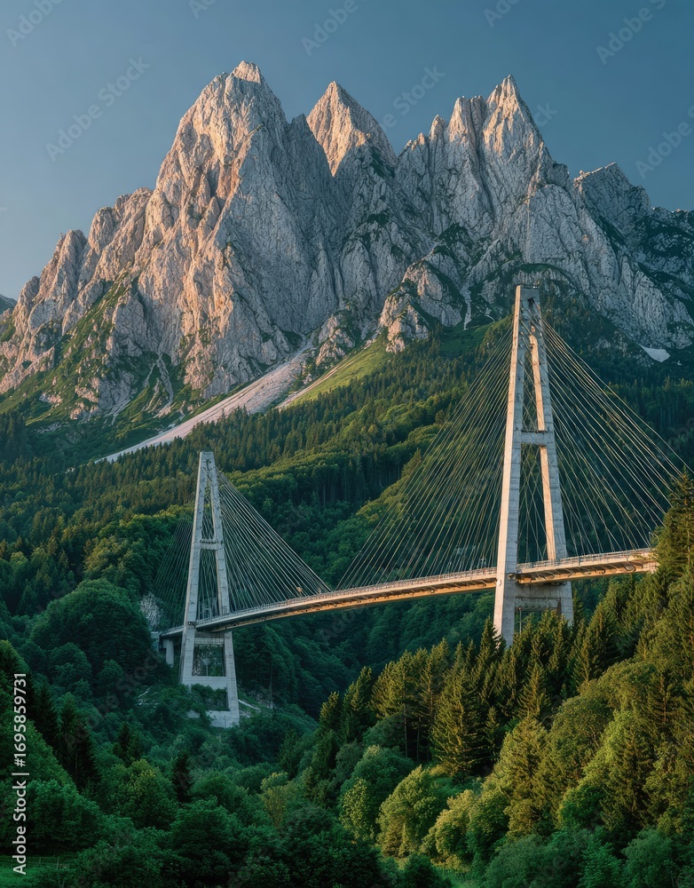 Obraz premium Bridge Amidst Green Hills and Mountain Peaks