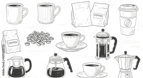 Illustration of various coffee related items including beans and brewers