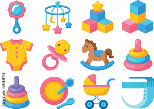 Collection of colorful baby toys and essentials for newborns and infants