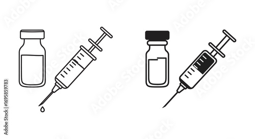 medical vials and syringes depicted in simple line art