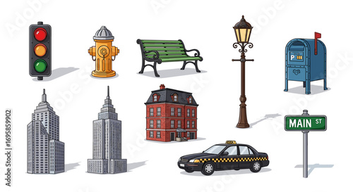 Illustration of city street elements including buildings and street signs