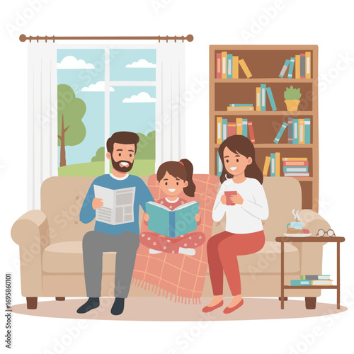 an image of a girl reading in the living room happily, with parents, illustration