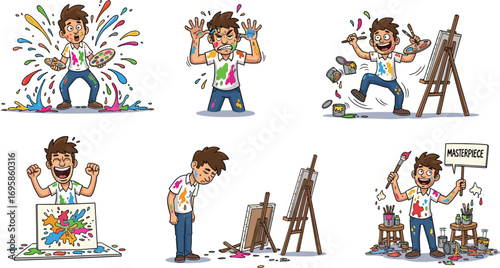 Funny messy cartoon painter splashing colors, frustrated and happy artist, colorful painting mess, creative art process, playful painter with brush