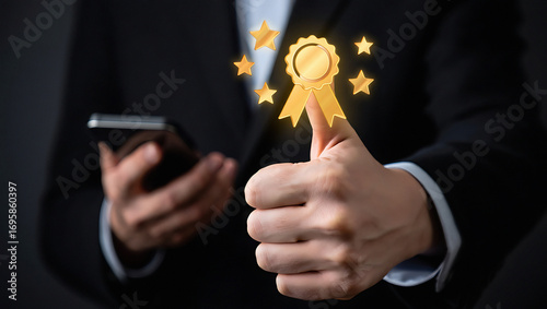 Hand giving thumbs up gesture with golden award ribbon and stars symbolizing achievement success and excellent performance recognition