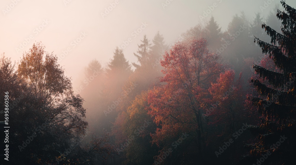 Naklejka premium A misty forest scene with tall evergreen trees and colorful autumn foliage. The atmosphere is serene and tranquil, showcasing nature's beauty.
