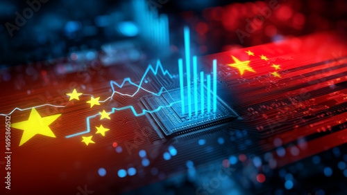 Artificial intelligence chip with glowing stock market graph and flag on circuit board showing technology growth