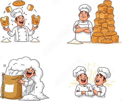 Happy cartoon baker juggling bread, smiling baker with fresh bread stack, playful baker with flour, funny bakery teamwork, baking and cooking humor
