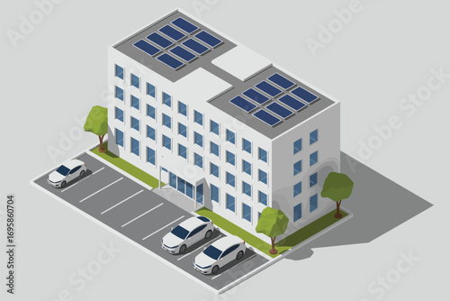 Modern office building with solar panels on roof and cars in parking lot