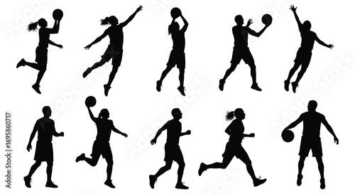 basketball players in various action poses during game