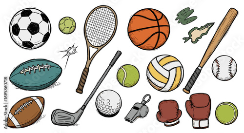 Illustration showing various sports equipment including balls and gear