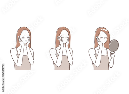 スキンケアをする女性のイラストセット
