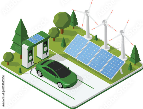 Green electric car charging at a station with solar panels and wind turbines