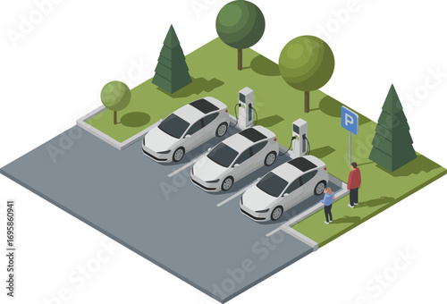 Modern electric cars charging at outdoor parking station with green trees