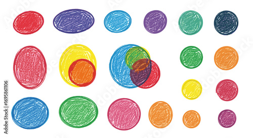 A collection of colorful crayon drawn ovals scattered on white background