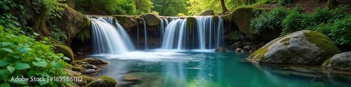 Serene pond waterfall cascading over moss-covered rocks, sunlight illuminating the crystal clear water Perfect for nature, tranquility, and relaxation themes , serene, summer