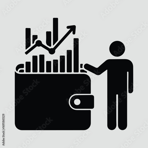 Silhouette investor analyzing financial growth chart on wallet vector illustrator