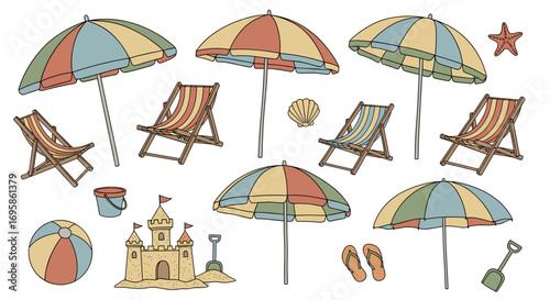Illustration of beach scene with umbrellas, chairs, and sandcastle art