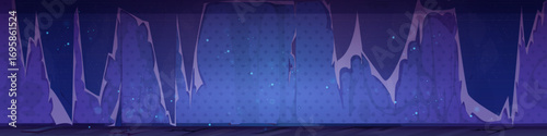 Night scene with torn wallpaper on abandoned wall - broken purple paper edges on dark surface, glowing particles and mystical atmosphere. Damaged interior bg for horror or mystery game environments.