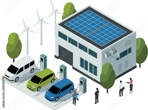 Modern electric vehicle charging station powered by solar and wind energy