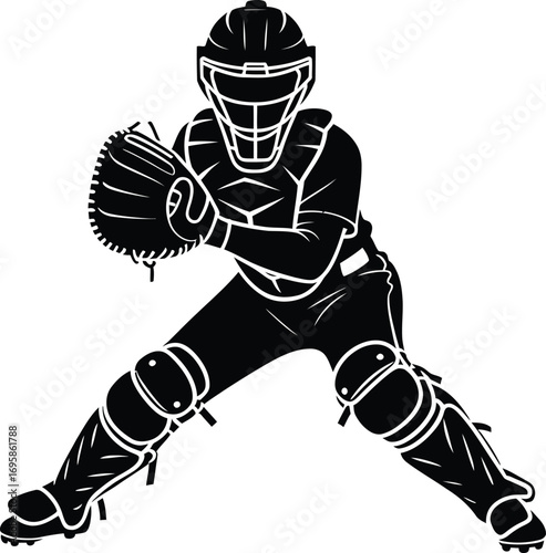 Baseball Catcher Silhouette in Ready Position with Glove and Protective Gear for Game