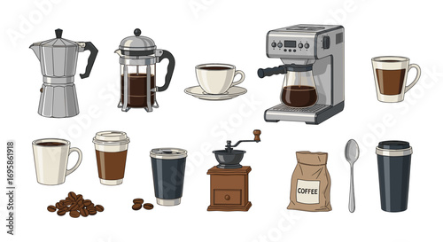 Illustration of various coffee brewing methods and related accessories