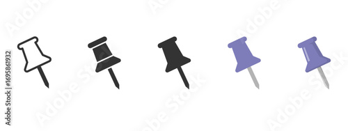 Vector push pin set in purple, black, and outline styles. Thumbtack icons for corkboards, office stationery, notes, reminders, planners, maps, and modern digital design projects