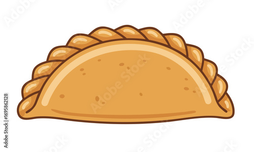 A simple, stylized illustration of a golden-brown empanada with a crimped edge.