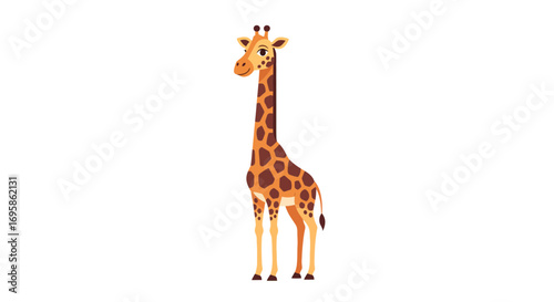 Cute cartoon giraffe with long neck and spots standing tall. A charming and friendly safari animal character illustration isolated on a white background