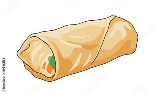 A single golden brown spring roll with visible vegetable filling, isolated on a white background.
