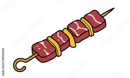 A skewer of cooked meat cubes with strips of yellow food, likely cheese or similar, on a stick.