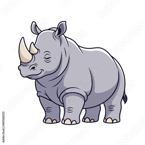 Cute cartoon rhinoceros with a happy smiling expression. Adorable gray rhino character isolated on a white background, vector illustration