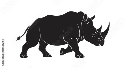 Bold black rhinoceros vector silhouette in a powerful walking pose. Isolated graphic icon for wildlife conservation or zoo themes