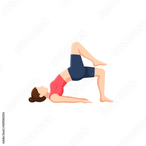 Vector illustration of a fit woman doing the one-legged bridge pose, a yoga and pilates exercise for core and glute strength. Healthy lifestyle and fitness workout concept